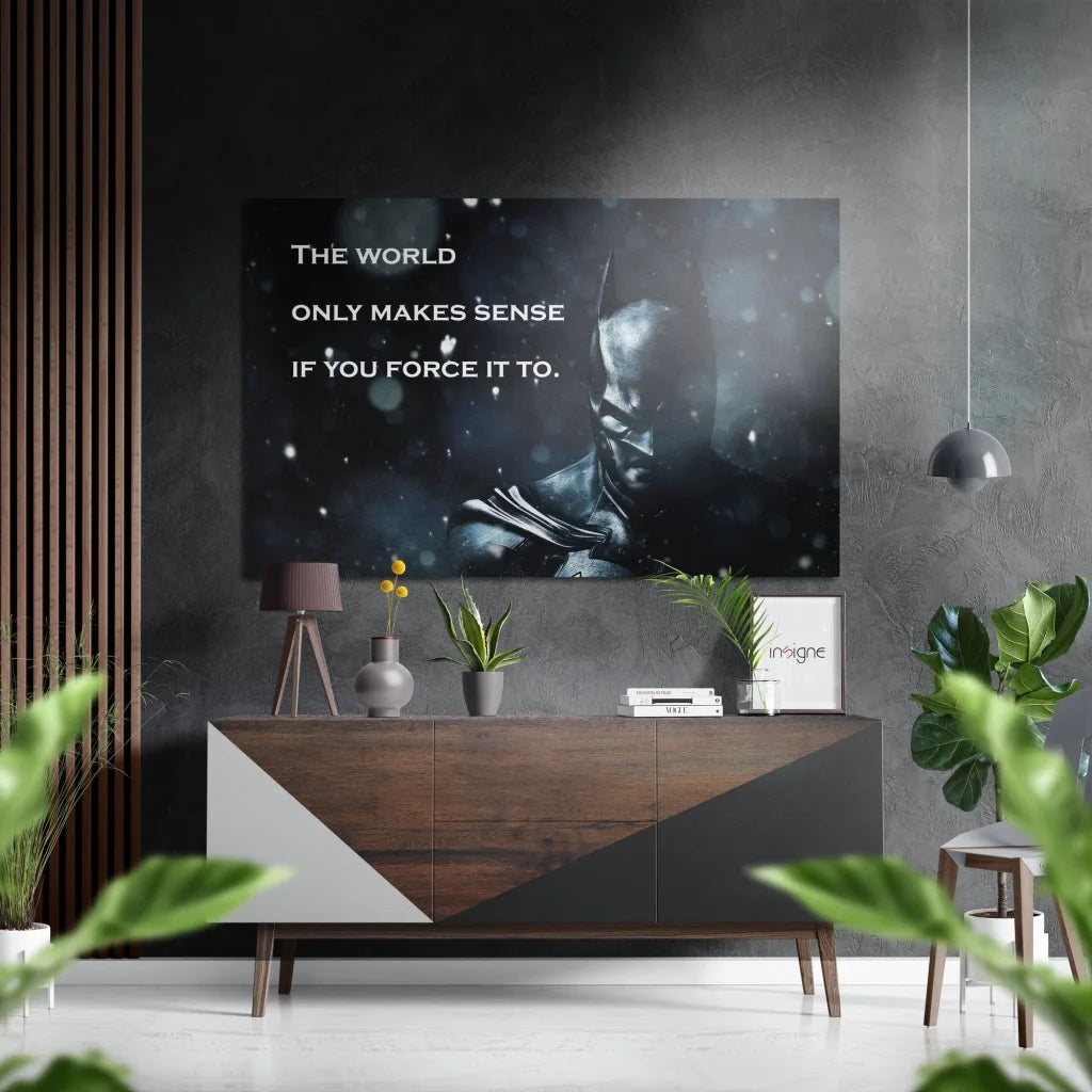 Dark gray white geometric sideboard with wooden legs in Cosmic Galaxy Brushed Aluminium Dibond Wall Art