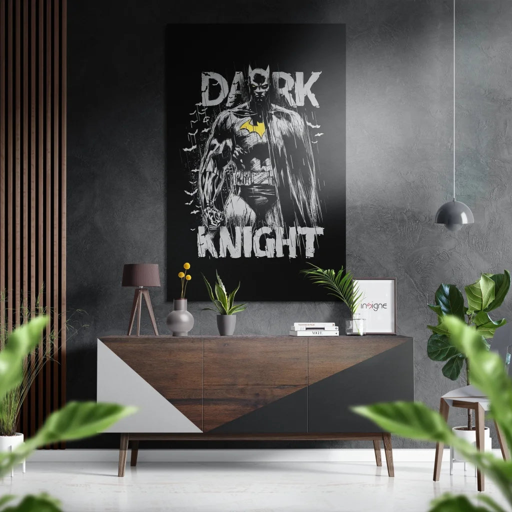 Batman Dark Knight black and white poster on brushed aluminium dibond