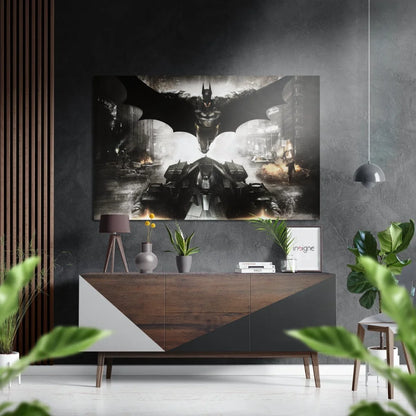 Batman in flight over batmobile on brushed aluminium dibond print