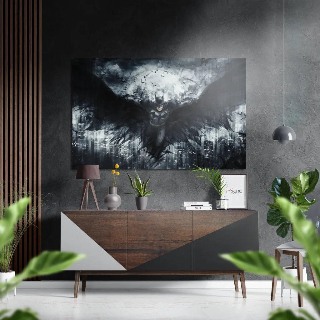Batman in flight over cityscape on brushed aluminium dibond wall art