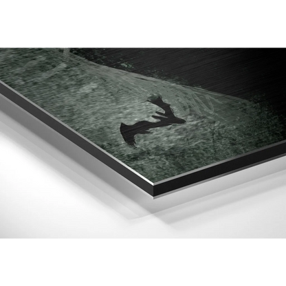 Black deer silhouette on textured green canvas in brushed aluminium dibond frame