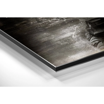 Gritty monochrome vintage car splashing water on black-framed brushed aluminium dibond print