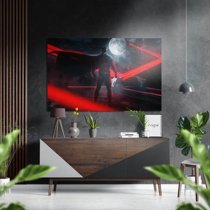 Brushed aluminium dibond Batman canvas print with red laser beams and glowing moon