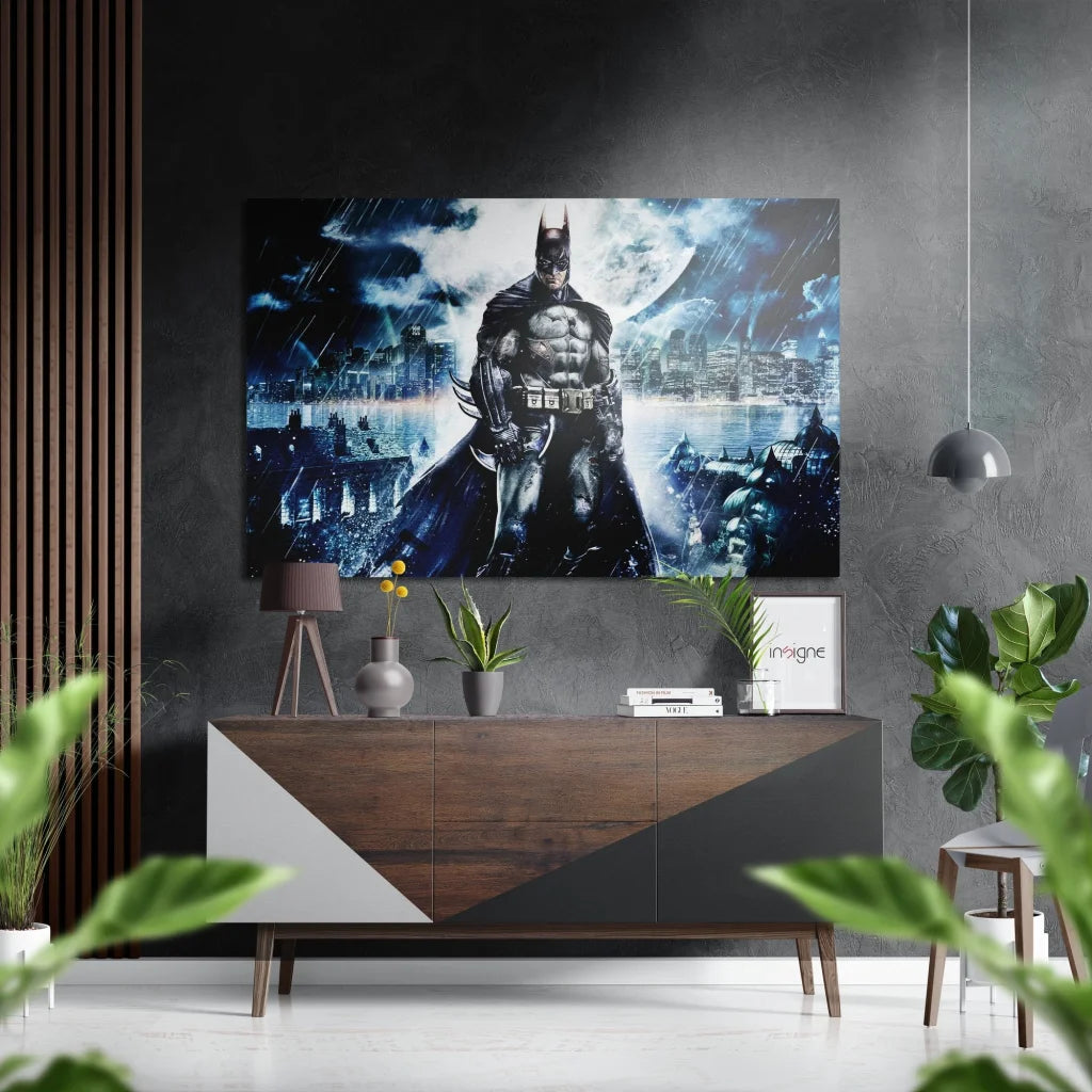 Batman Gotham City brushed aluminium dibond mural in rainy scene
