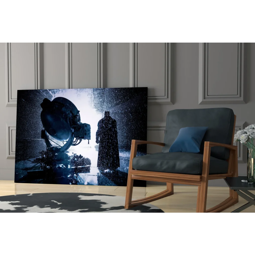 Batman in rainstorm spotlight on dark blue glass wall art canvas print