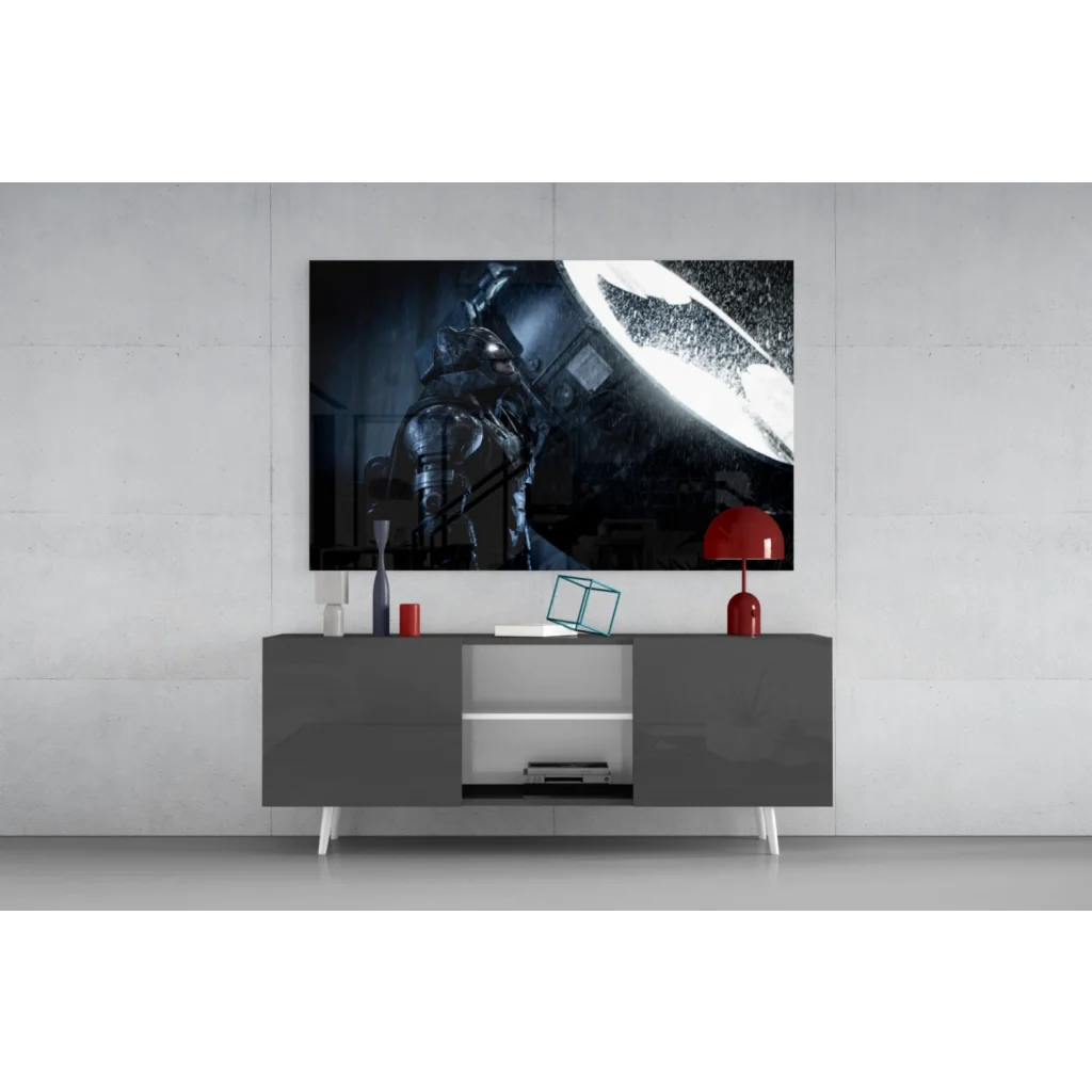 Black and white Batman glass wall art poster on gray console