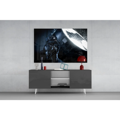 Black and white Batman glass wall art poster on gray console