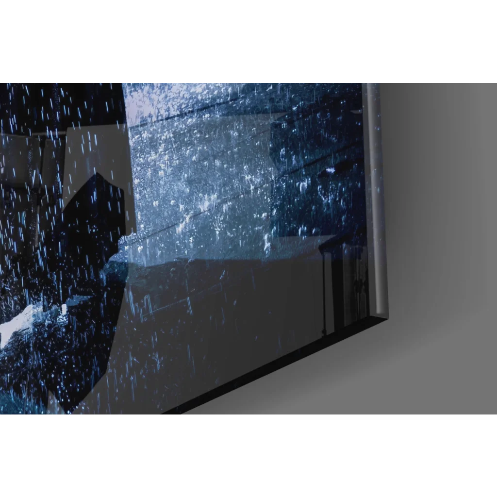 Batman Rainstorm glass wall art TV displaying vivid rainy scene