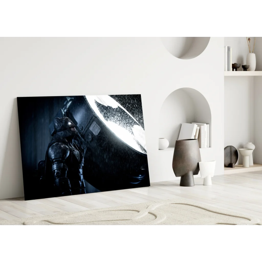 Epic Batman in dark armor on glowing symbol glass wall art