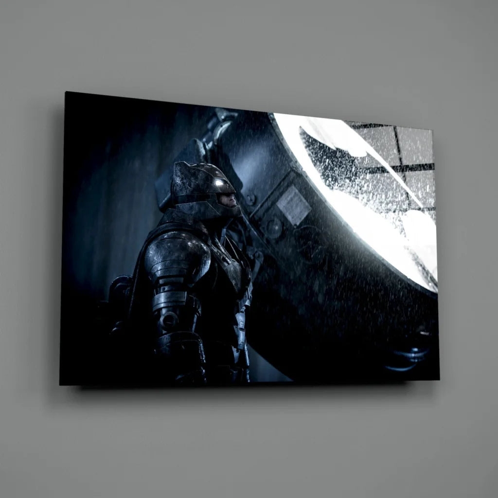 Dark metallic Batman figure on epic glass wall art with glowing symbol