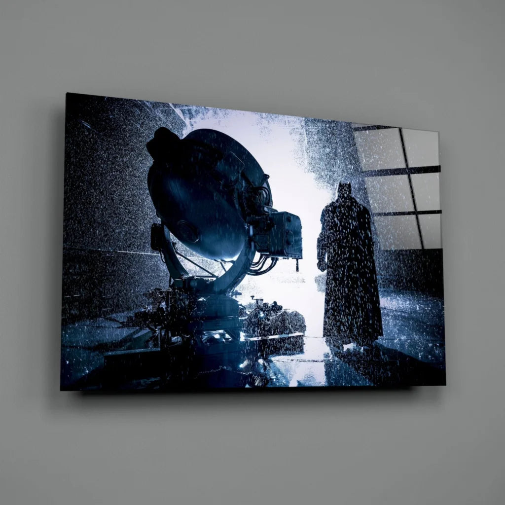 Black Batman silhouette on glass wall art with rainstorm and machinery