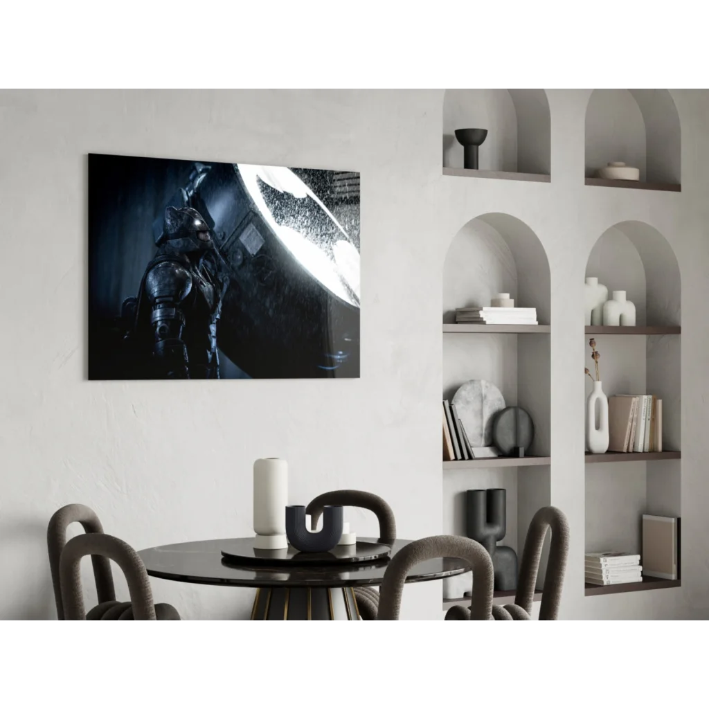 Epic black and white Batman glass wall art on wall with glowing symbol