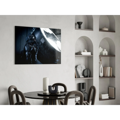 Epic black and white Batman glass wall art on wall with glowing symbol