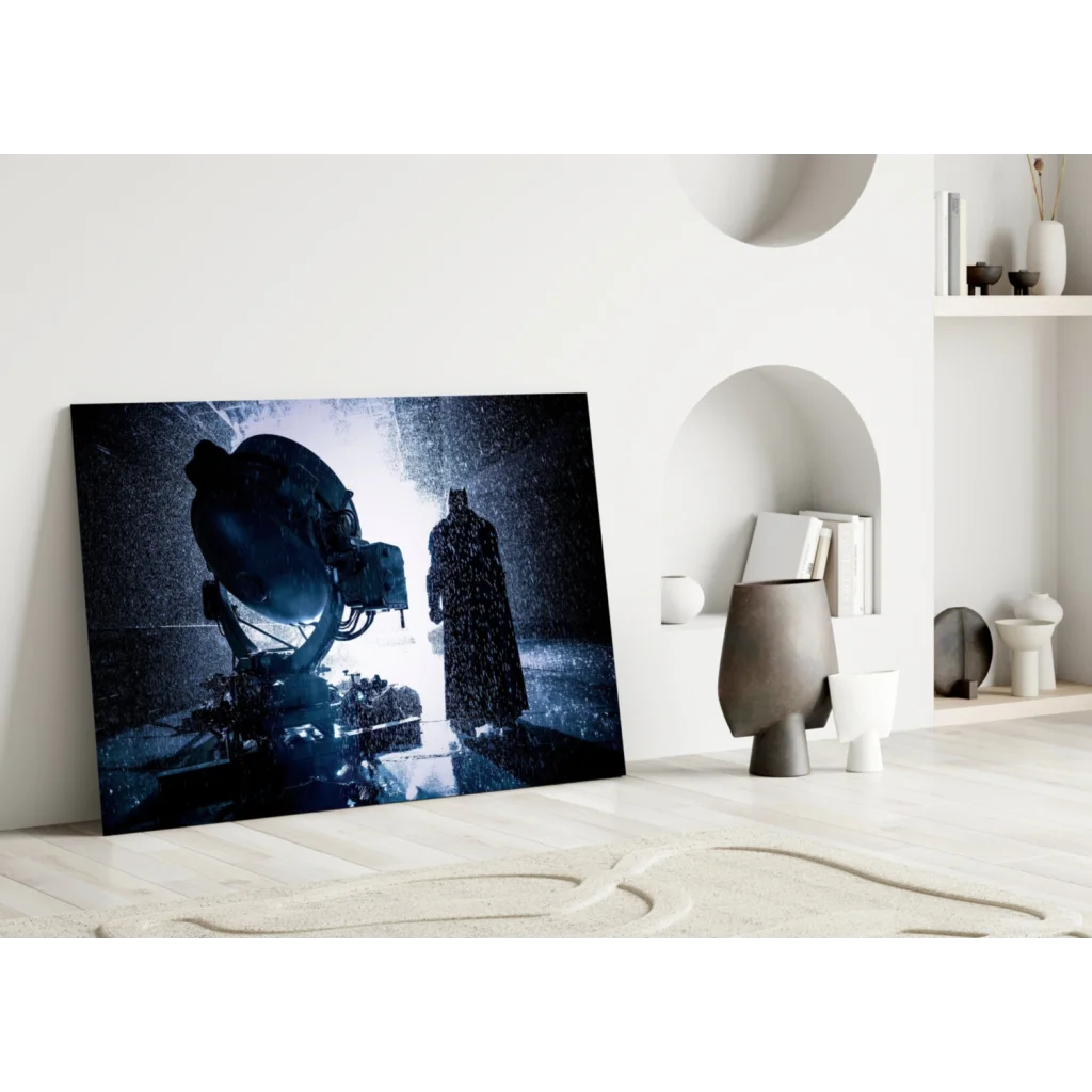 Batman in rain beside spotlight on glass wall art canvas print