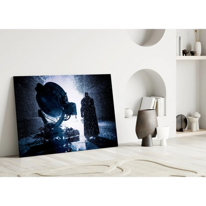 Batman in rain beside spotlight on glass wall art canvas print