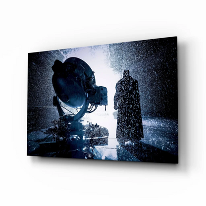 Batman in rain beside spotlight, blue-toned glass wall art canvas print