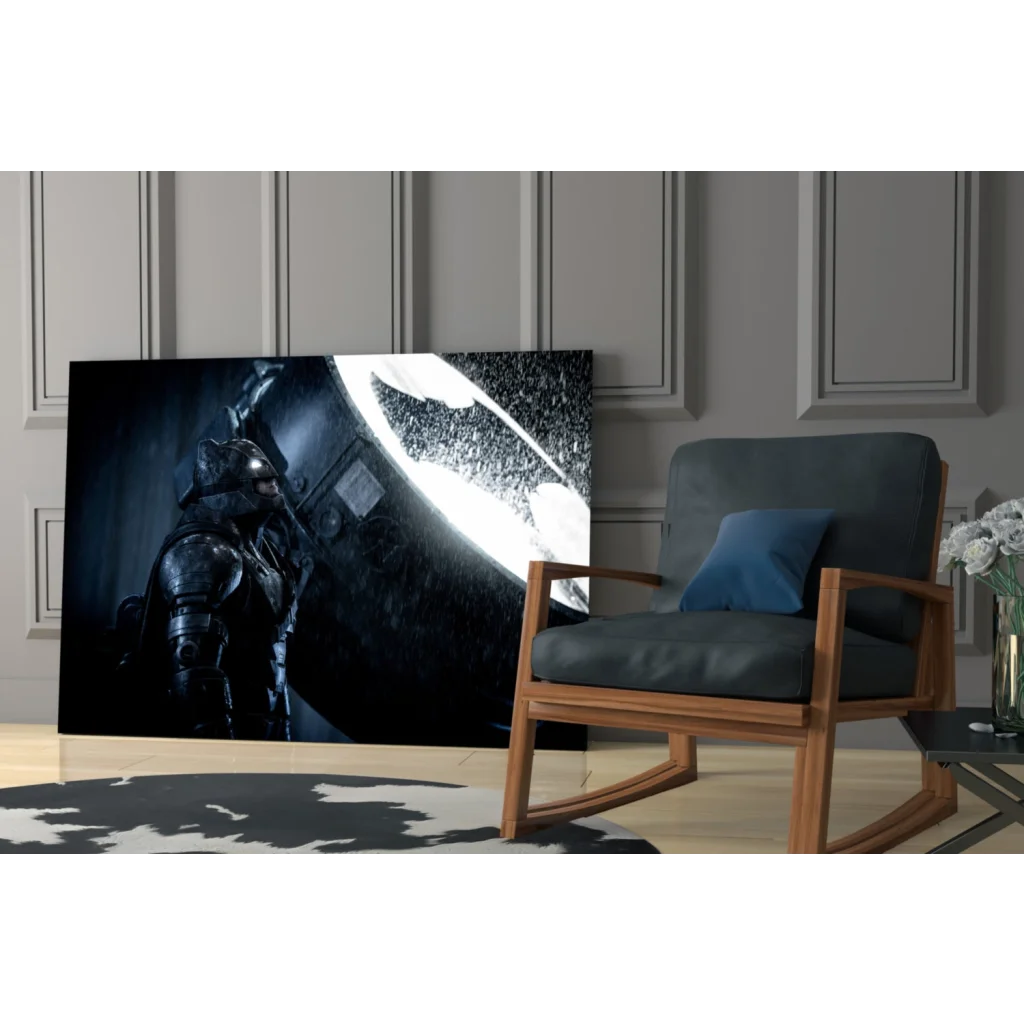Dark glossy Batman armored silhouette on glowing symbol glass wall art