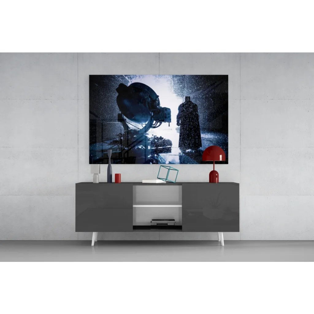 Batman rainstorm glass wall art on sleek gray console table