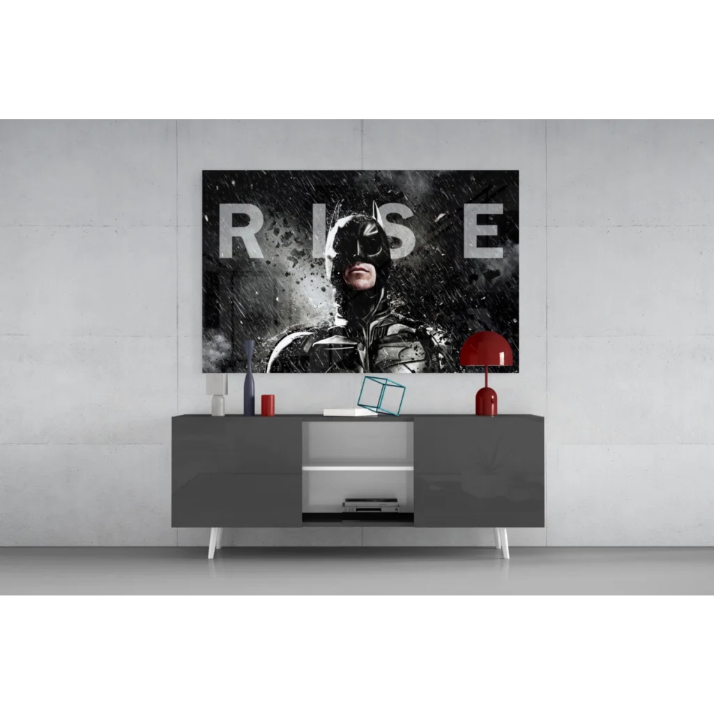 Modern gray sideboard with sleek white legs, silver accents, and Batman wall art