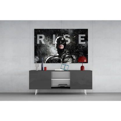Modern gray sideboard with sleek white legs, silver accents, and Batman wall art