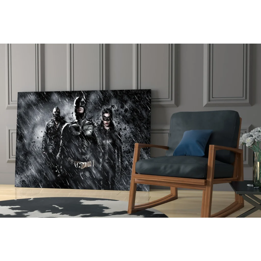 Batman vs Bane and Catwoman in rainstorm on black-and-white glass wall art