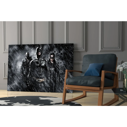 Batman vs Bane and Catwoman in rainstorm on black-and-white glass wall art