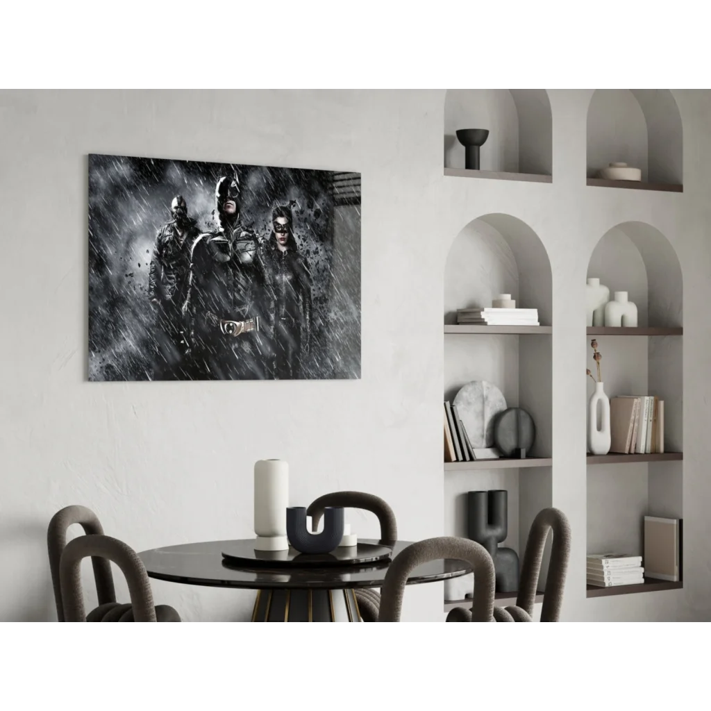 Black and white Batman family glass wall art in stormy scene