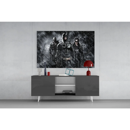 Batman, Robin, and Catwoman in dramatic rainstorm on black-and-white glass wall art
