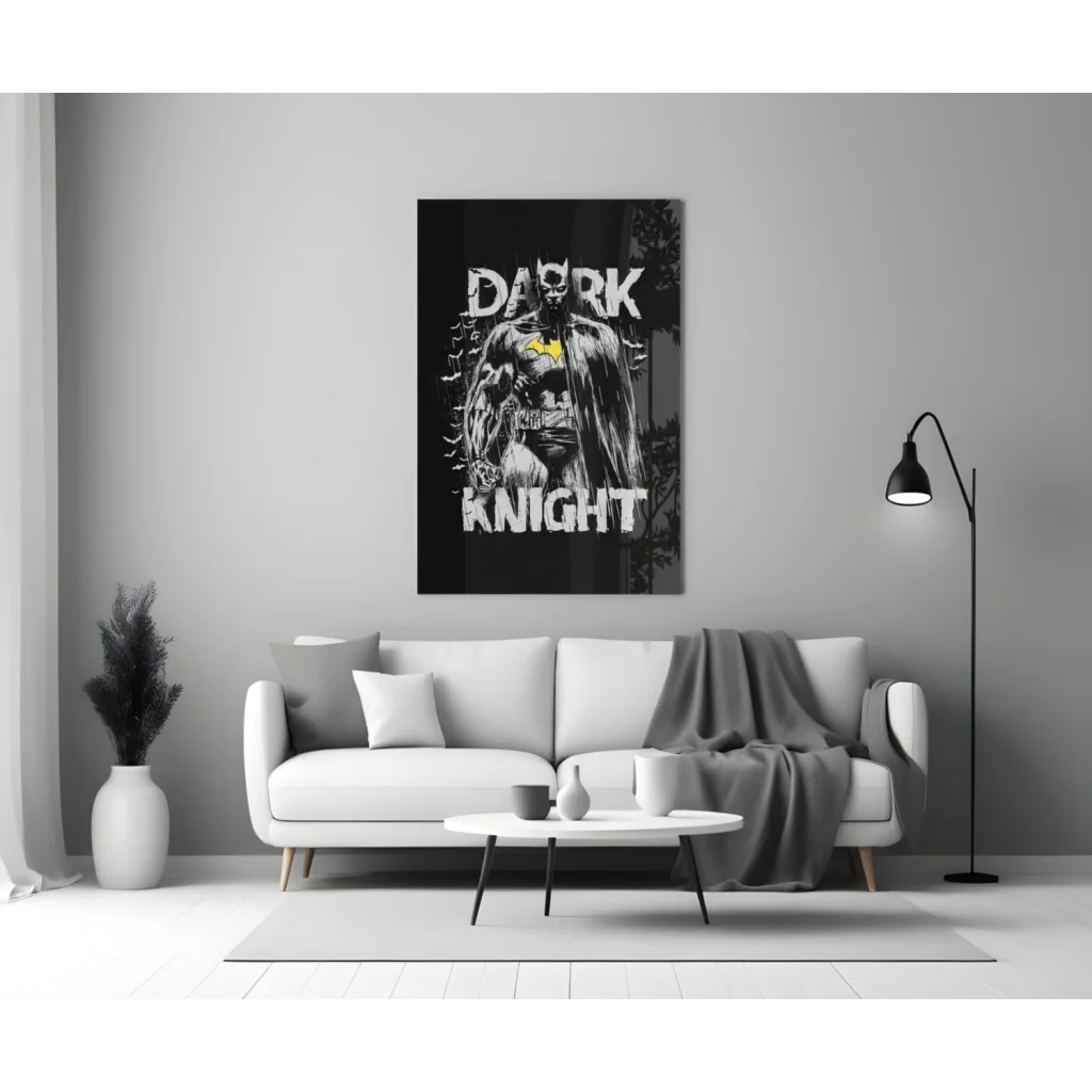 Batman Dark Knight black and white glass wall art with yellow accent