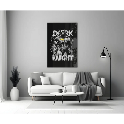 Batman Dark Knight black and white glass wall art with yellow accent