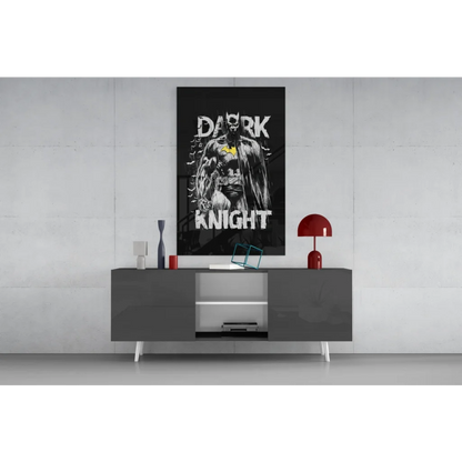Batman Dark Knight poster on glass wall art with bold yellow accent