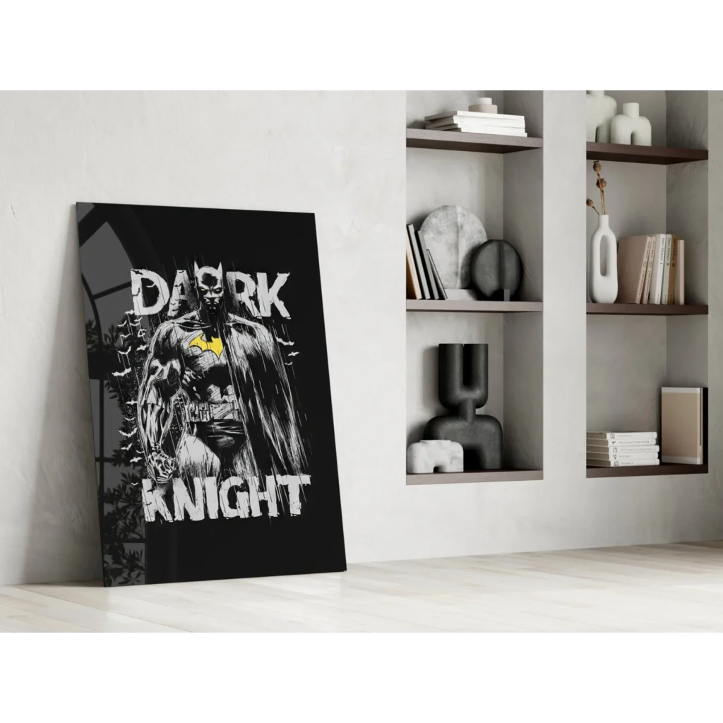 Batman Dark Knight glass wall art with bold yellow accent silhouette