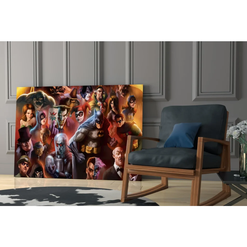 Vibrant Batman DC heroes collage canvas wall art on fiery backdrop