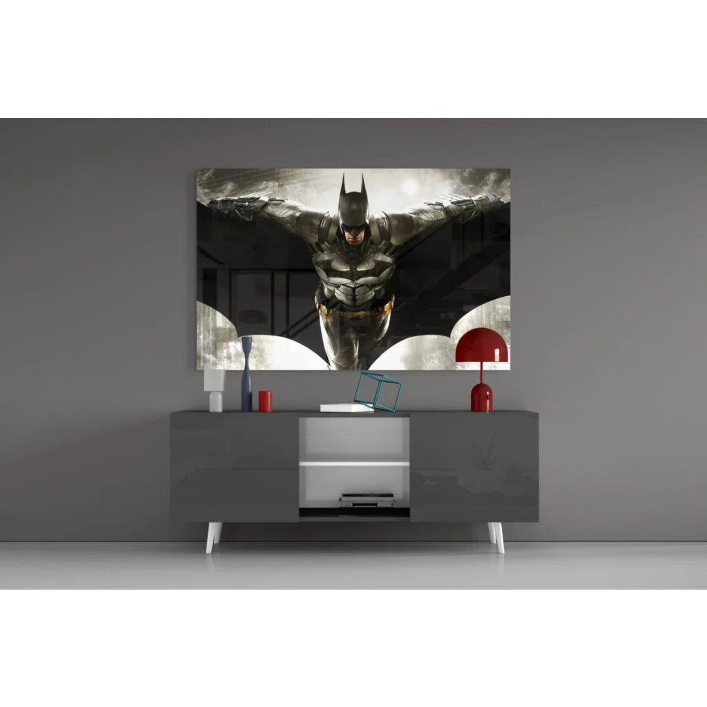 Batman in dark armored suit with yellow glow on glass wall art
