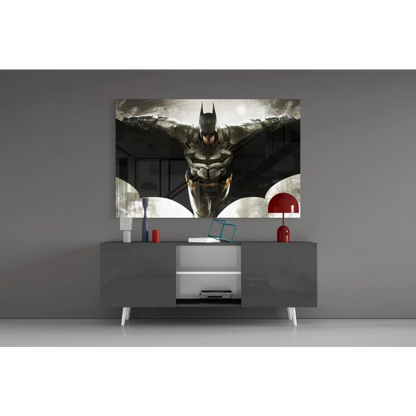 Batman in dark armored suit with yellow glow on glass wall art