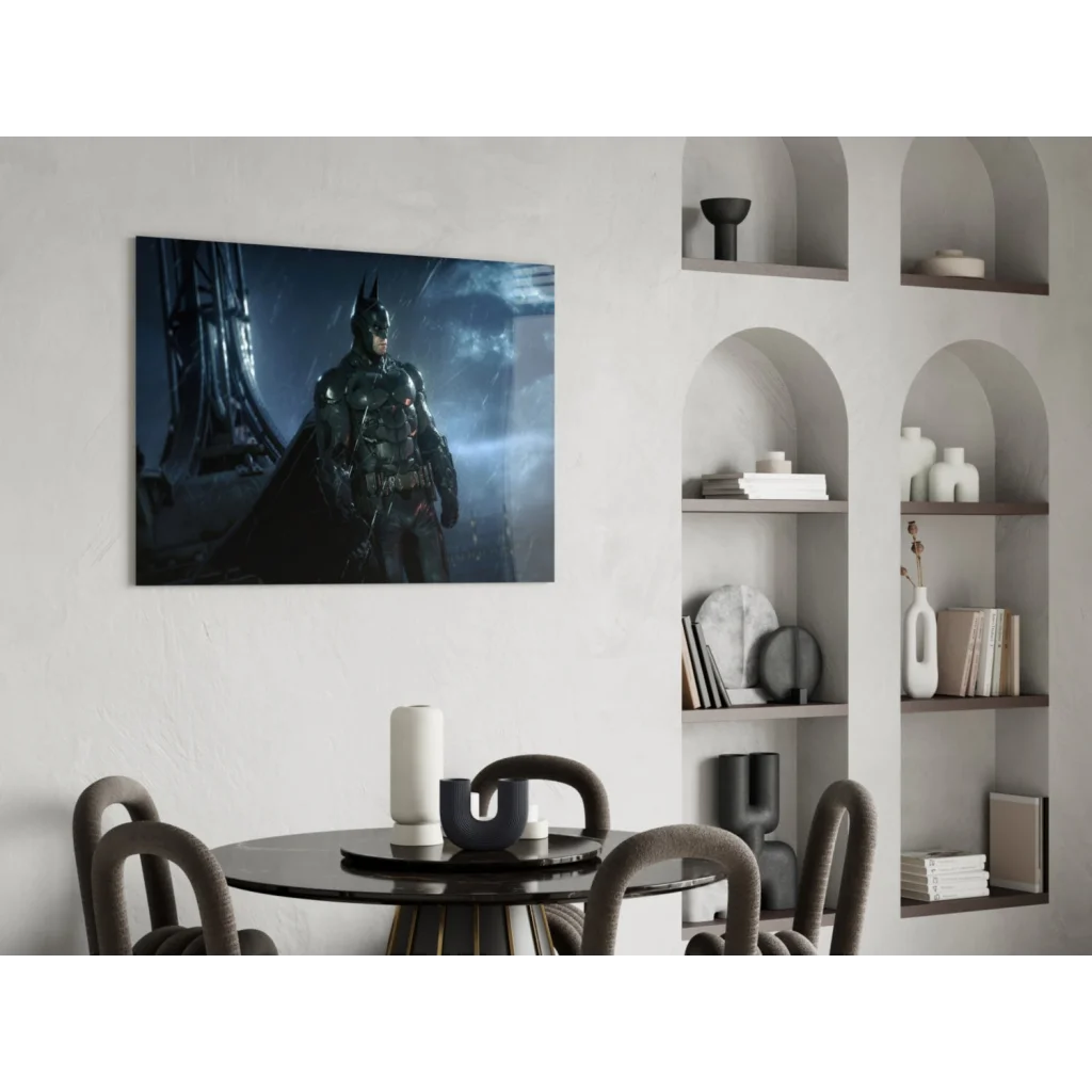 Dark blue Batman armored suit wall art print on stormy night