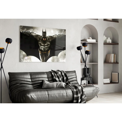Batman dynamic pose glass wall art with black gray action figure