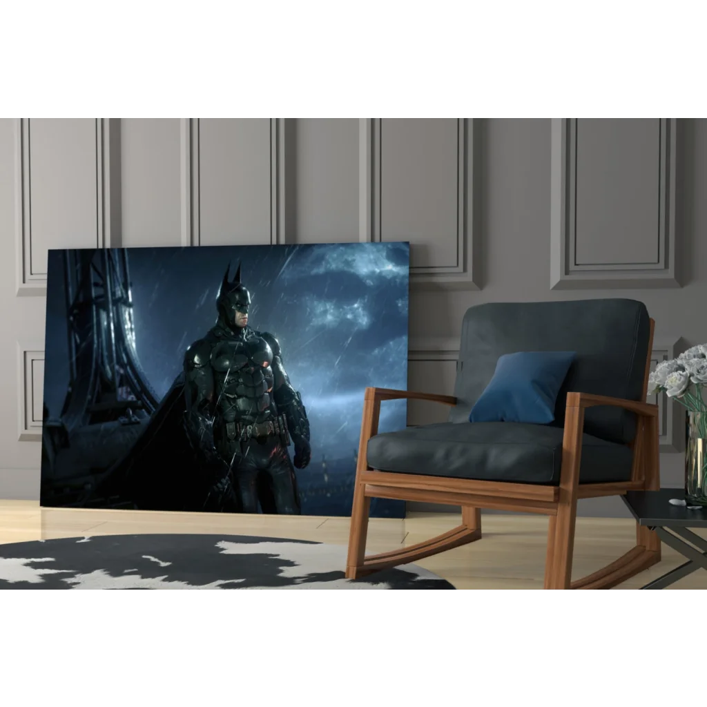 Dark blue Batman armored suit canvas wall art on stormy night