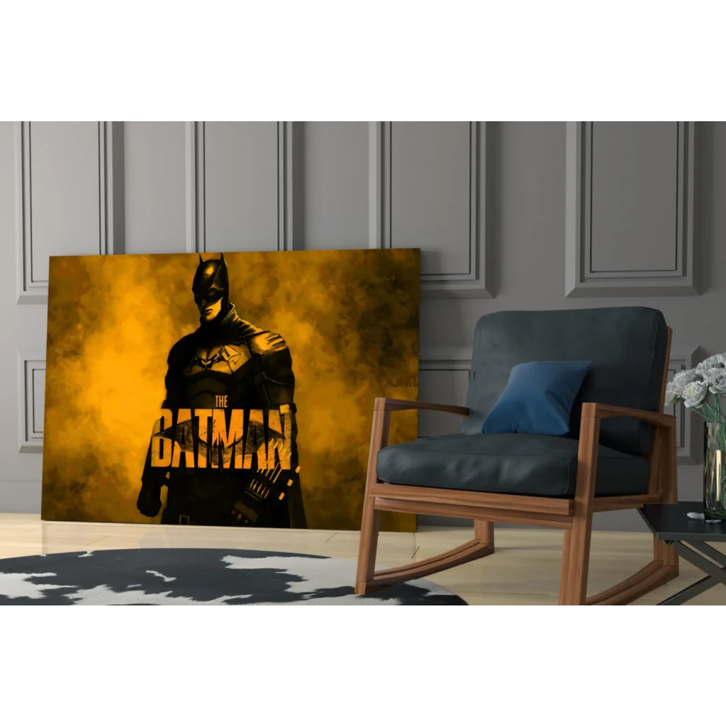 Bold Batman canvas wall art print in yellow and black on golden background