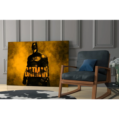 Bold Batman canvas wall art print in yellow and black on golden background