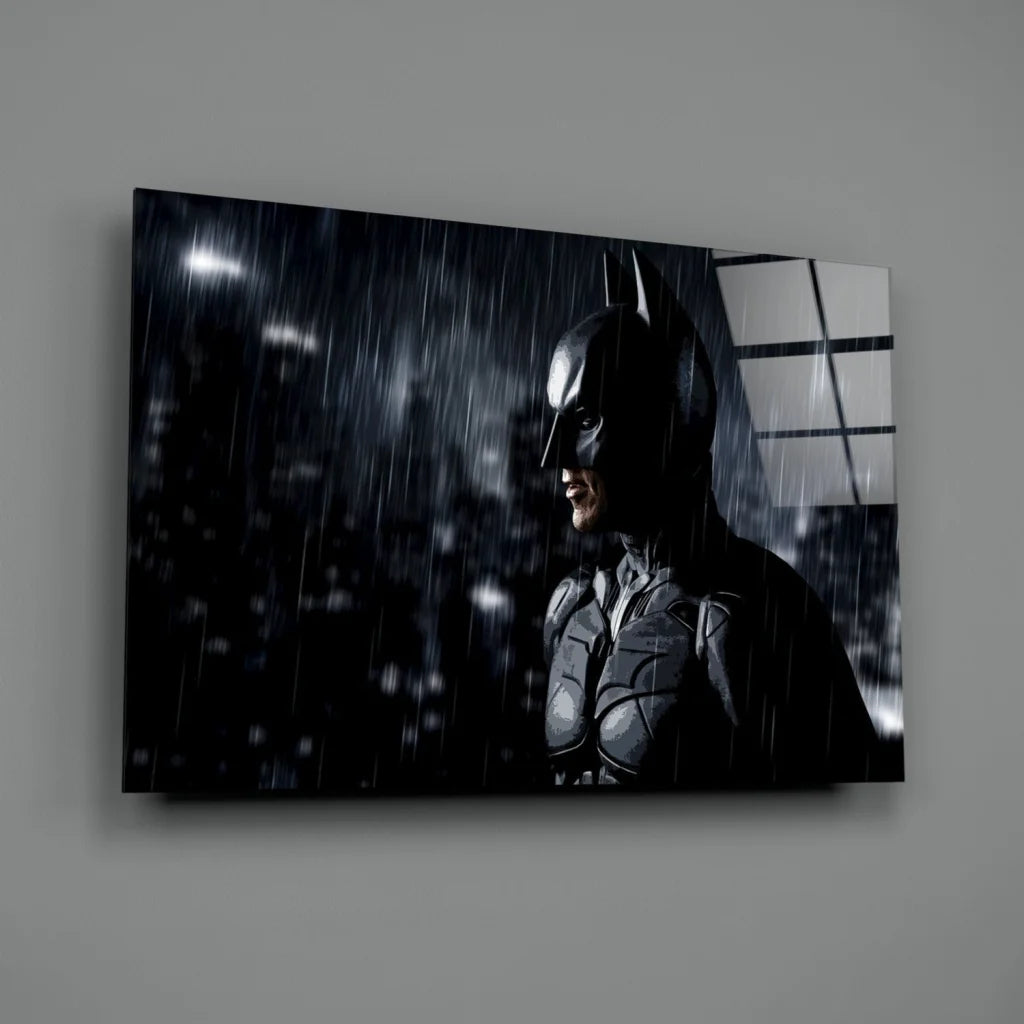 Batman in rain-soaked cityscape wall art canvas print