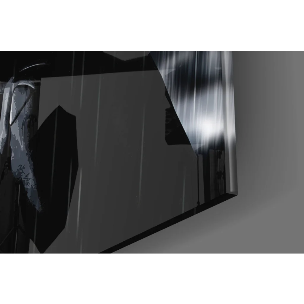 Sleek black silver Batman wall art canvas print in rainy cityscape