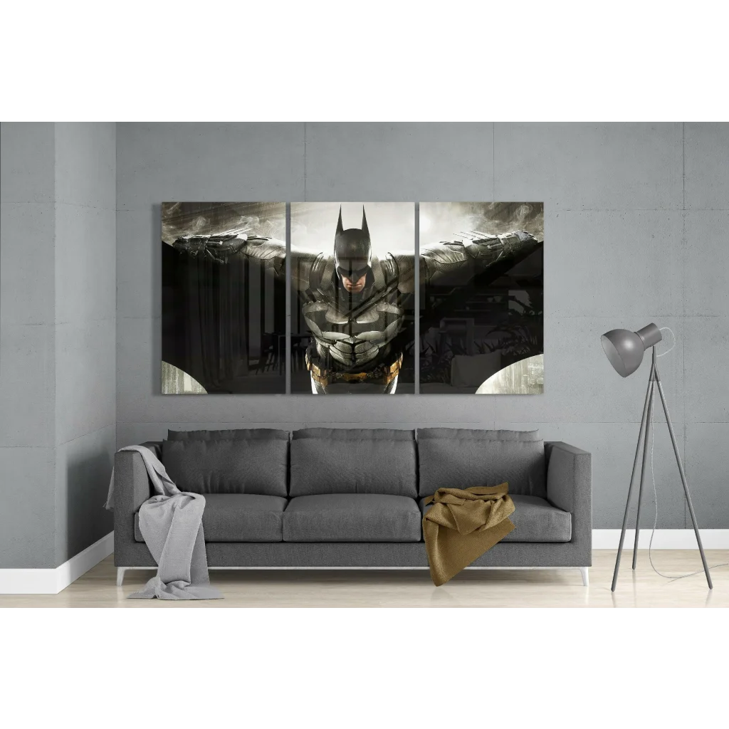 Epic Batman glass wall art with black and gray figure on three-panel canvas