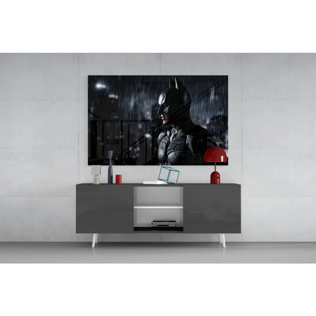 Black Batman in rain-soaked cityscape wall art canvas print