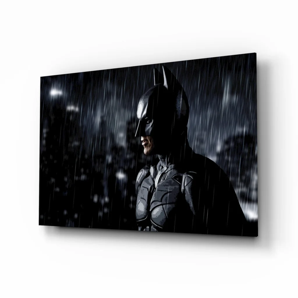 Black Batman in rain-soaked cityscape wall art canvas print