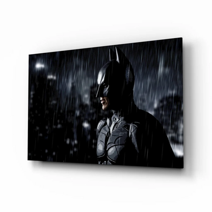 Black Batman in rain-soaked cityscape wall art canvas print