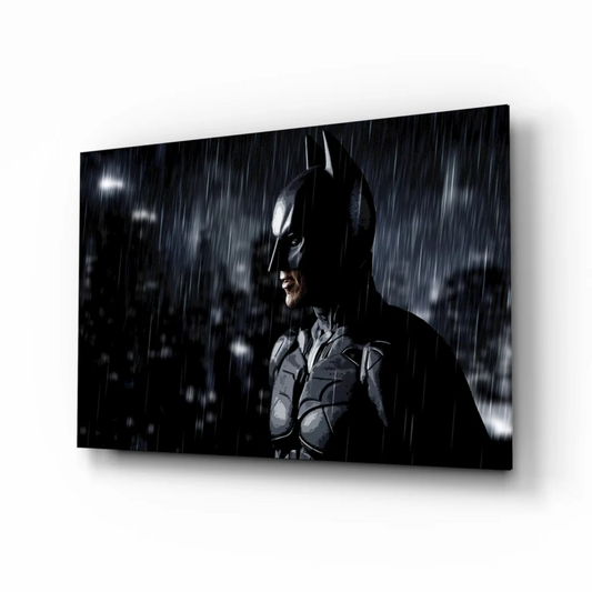 Black Batman in rain-soaked cityscape wall art canvas print