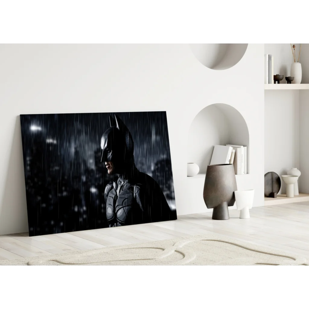 Black Batman canvas wall art with rain-soaked cityscape backdrop