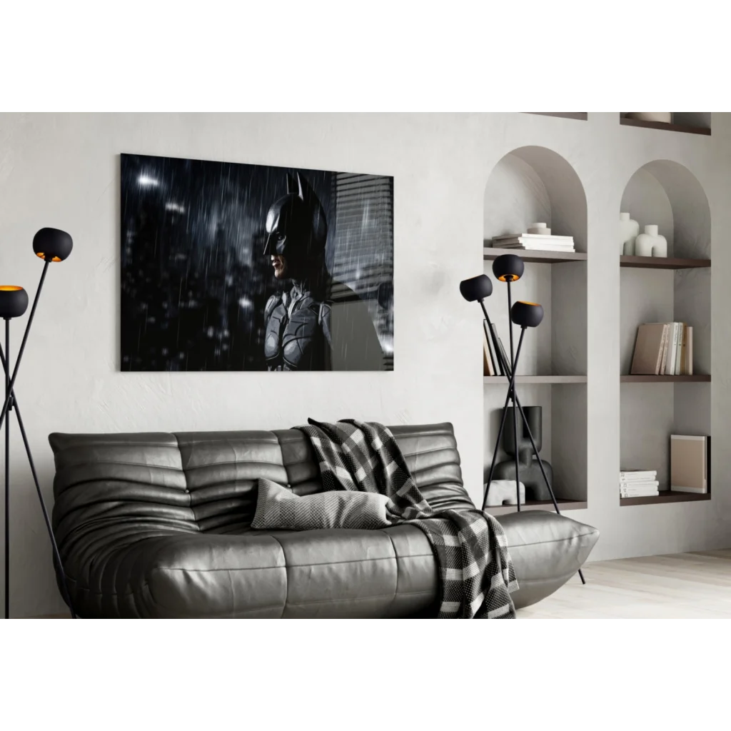 Black-and-white Batman wall art canvas print in rain-soaked cityscape