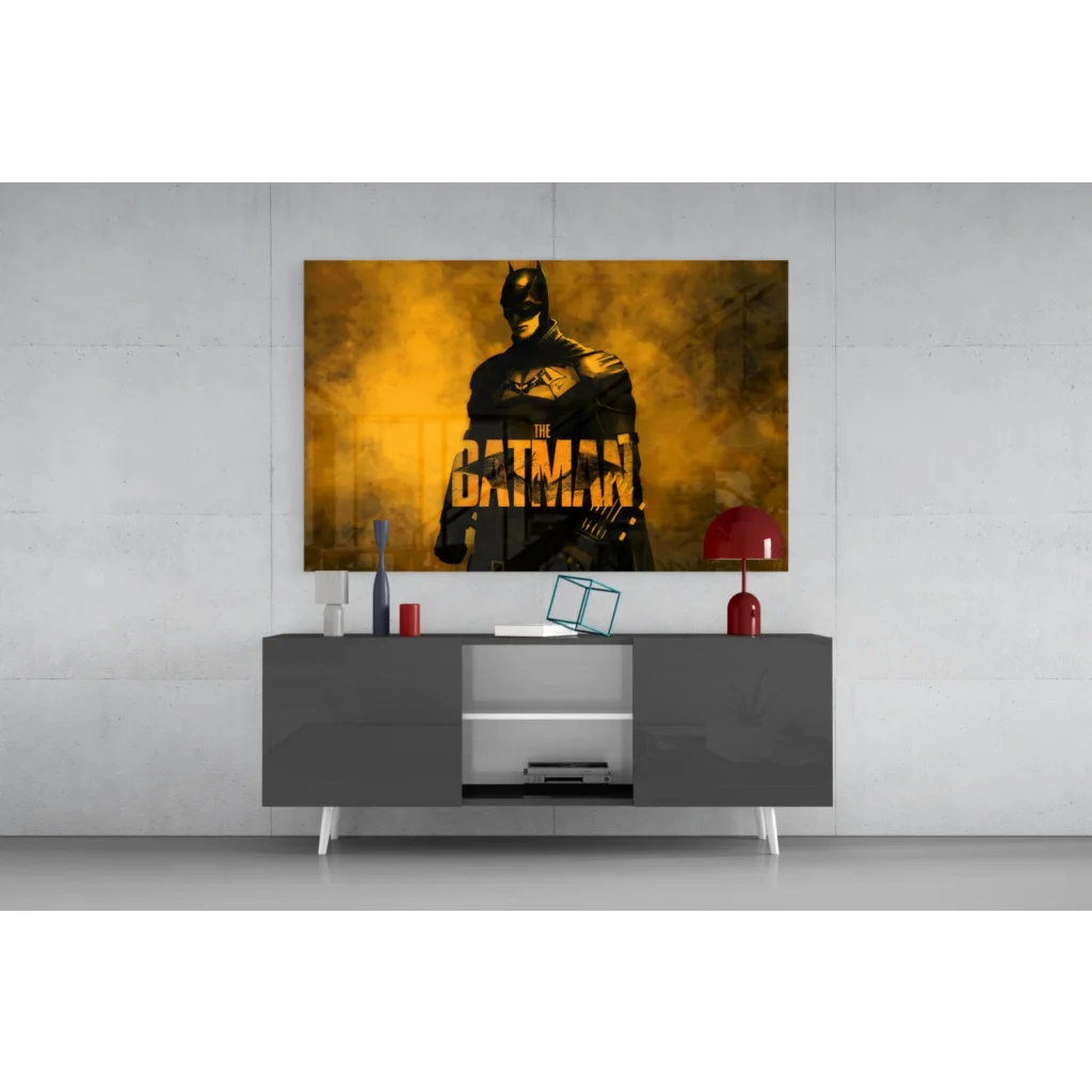 Golden yellow Batman canvas wall art on smoky backdrop